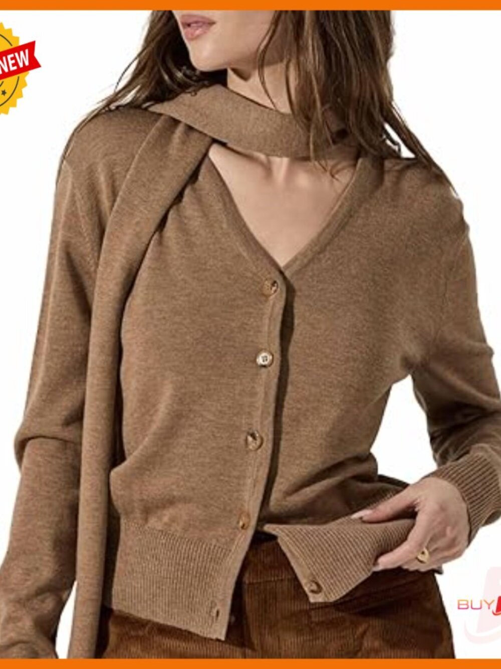 Button-Up Knit Cardigan with V-Neck and Long Sleeves